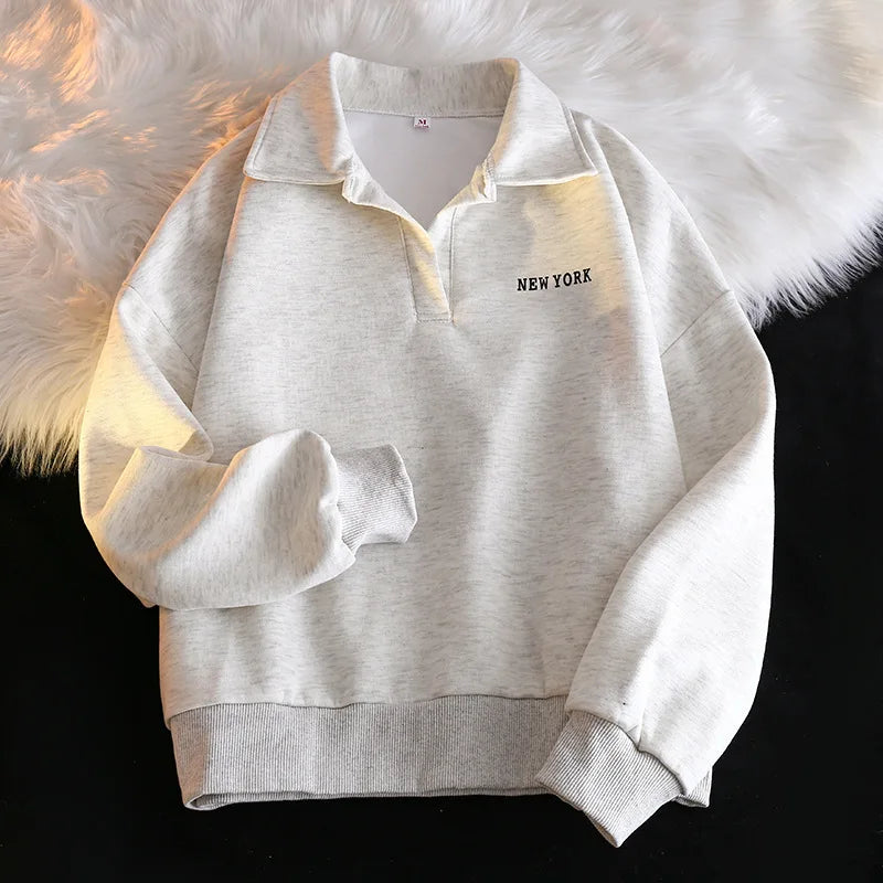 Women Sweatshirt Turn Down Collar Hoodies Letter Sweatshirts Long Sleeve Pullovers Casual Loose Fit Sports Slight Strech