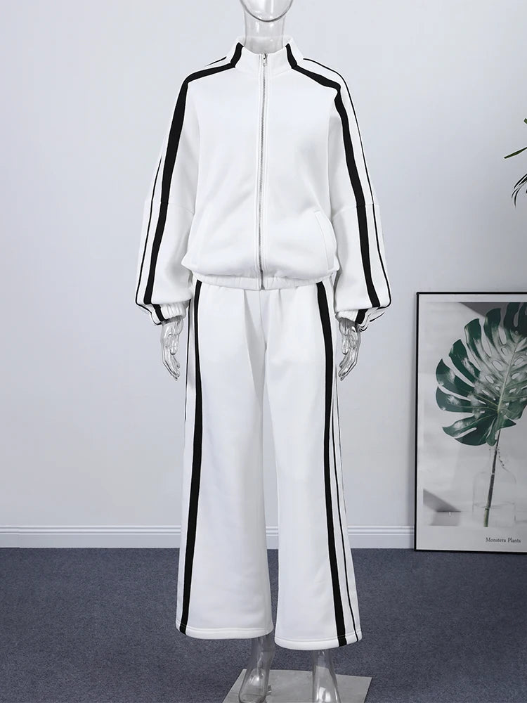 Stripe Contrasted Sweatshirt Pant Set Women Casual Stand Collar Full Sleeve Zippers Sport Coat Wide Leg Trousers 2 Piece Sets