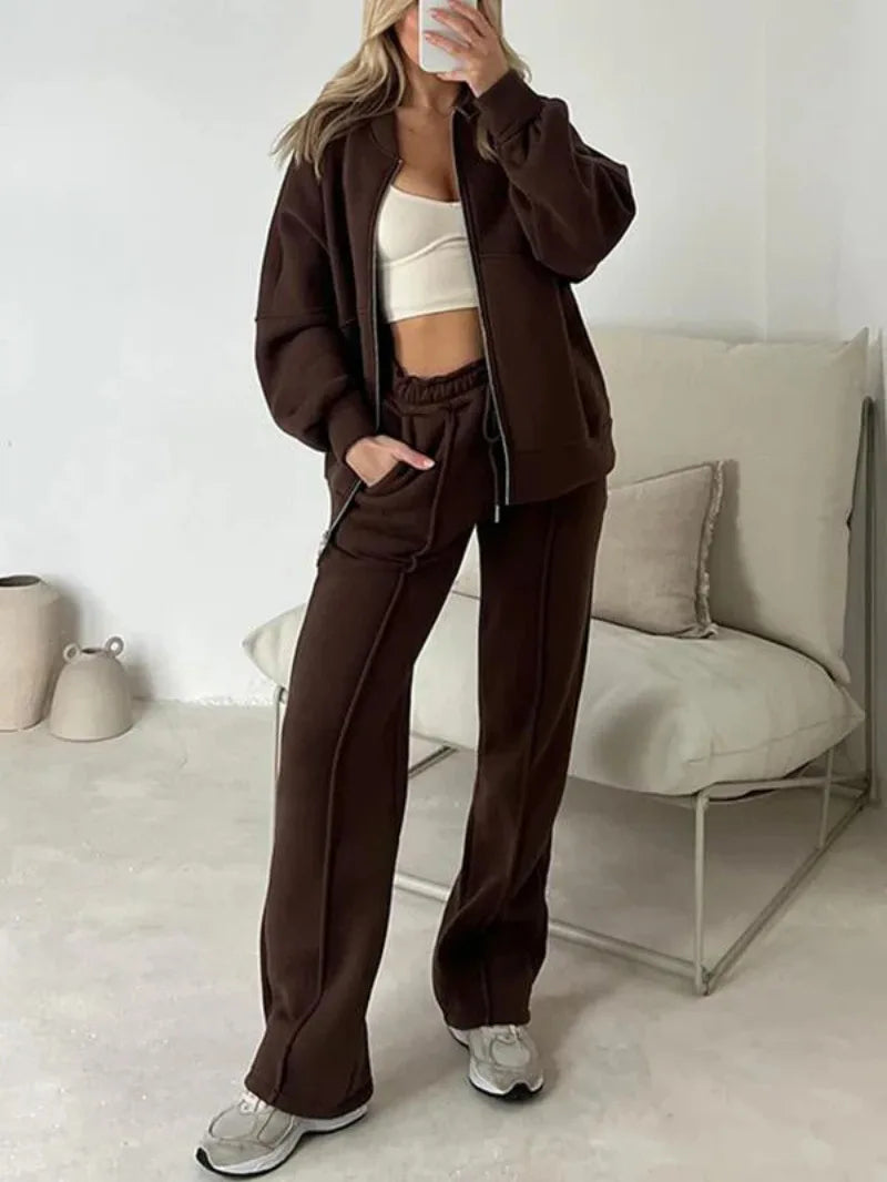 Tracksuit Women Two Pieces Pant Sets Sweatshirts Zipper Long Sleeve Straight Pants Drawstring Pocket Sports Autumn Winter