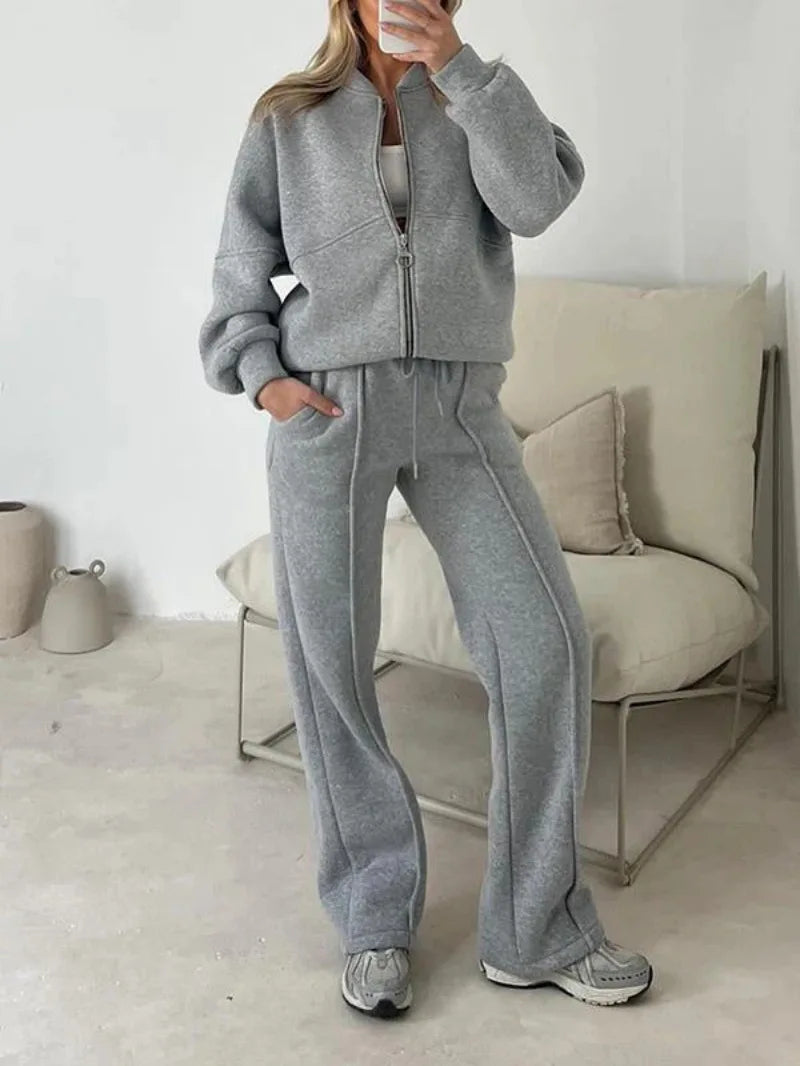 Tracksuit Women Two Pieces Pant Sets Sweatshirts Zipper Long Sleeve Straight Pants Drawstring Pocket Sports Autumn Winter