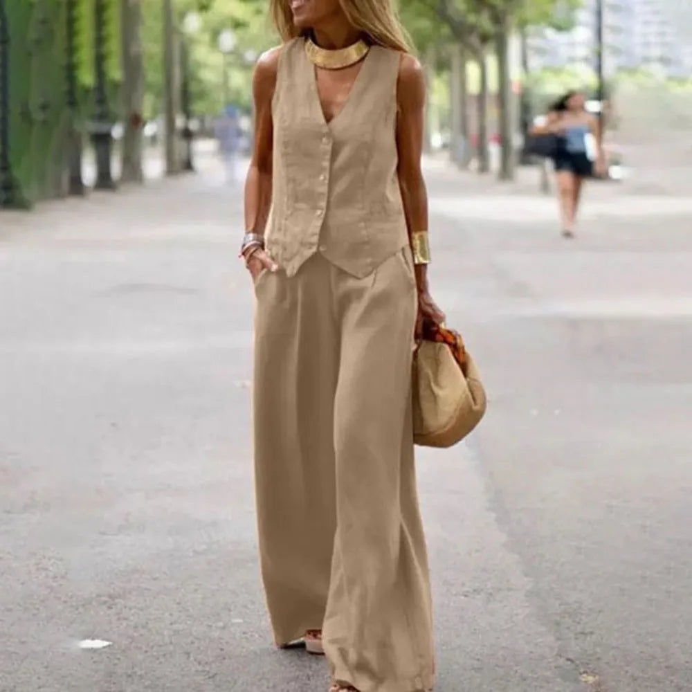 Casual Tank And Wide Leg Pant Sets 2 Piece Sets Women Outfit Summer Elegant Solid Cotton Linen Tops Trousers Suit Femme 5XL