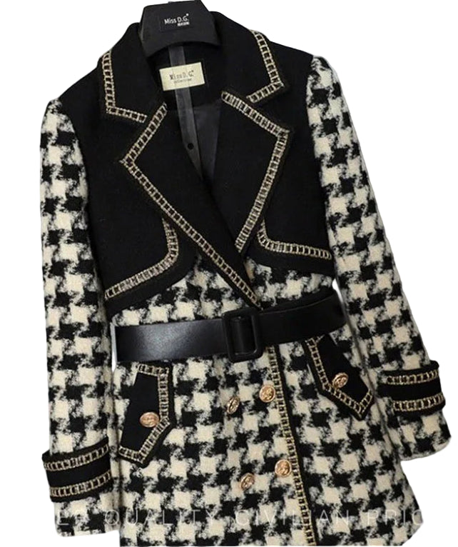 Woolen Coat Women Winter New Double-Breasted Mid-Long Plaid Woolen Windbreaker Fashion Pocket Belt Outwear Wool Coats Female