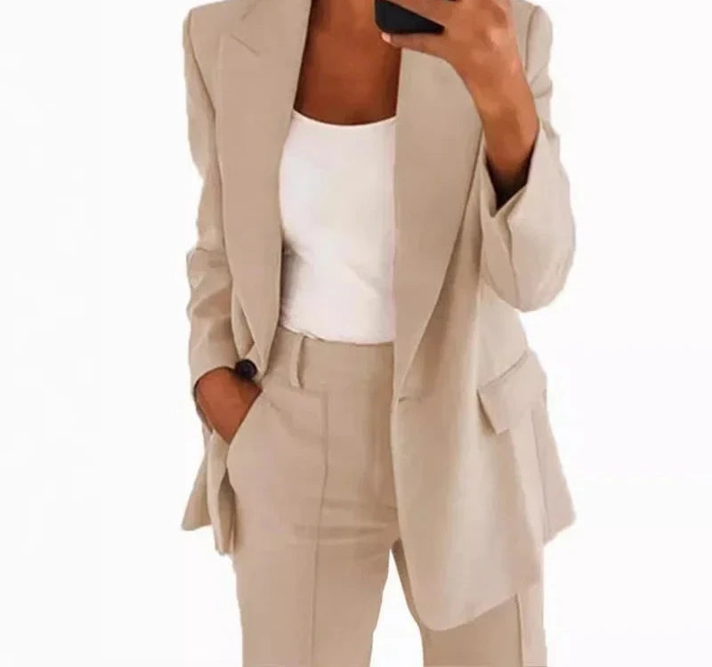 Women Suits 2 Pieces Set Fashion Lapels Single-button Coat Straight Leg Slim Pants Elegant Commuter Casuals Outfit Available 5XL