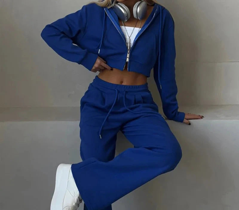 Casual Sport Tracksuit Women Hooded Two Pieces Set Sweatshirts Zipper Solid High Waist Pockets Pants Suit Outwear Autumn