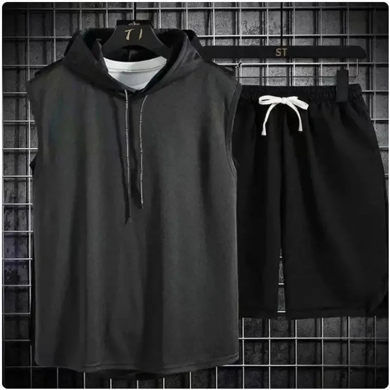 2026 summer new men's two-piece casual T-shirt and shorts set men's sports set fashionable short sleeved sports set hooded T-shi