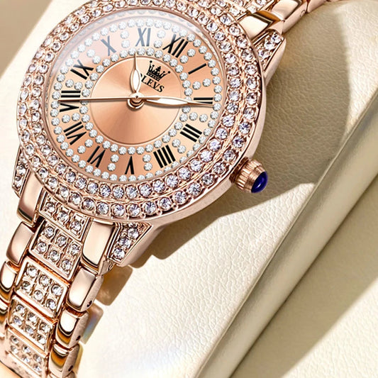 OLEVS Women's Watches Fashion Original Quartz Wrist Watch for Ladies Roman Dial Dazzling Diamond Waterproof Luminous Luxury New