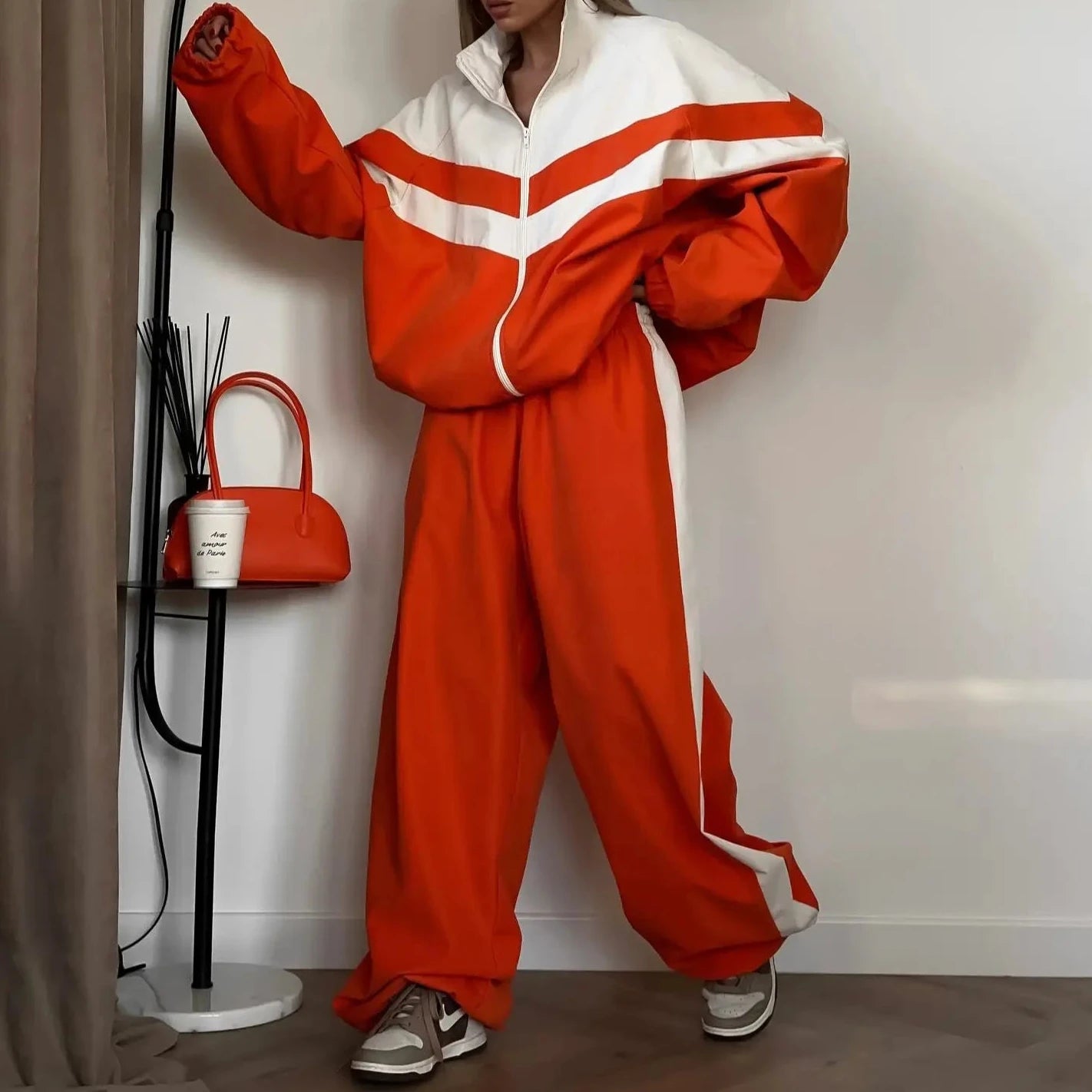 European American Women Outfit Fashion Streetwear Sporty Patchwork Trench Coat Set Two-Piece Sets Spring Autumn Loose Breathable