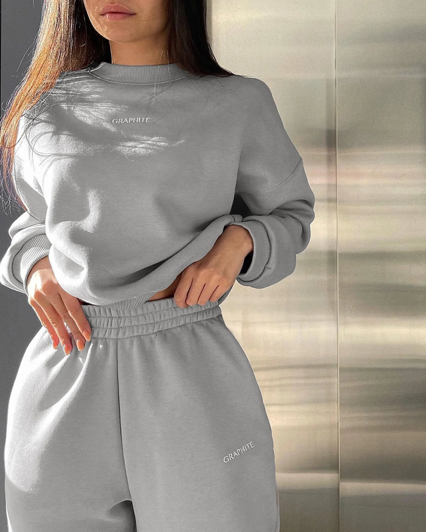 Solid Color Sports Style Long-sleeved Pullover Sweatshirt + Trousers 2 Piece Sets Women Outfit