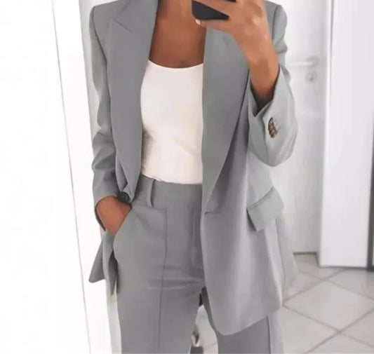Women Suits 2 Pieces Set Fashion Lapels Single-button Coat Straight Leg Slim Pants Elegant Commuter Casuals Outfit Available 5XL