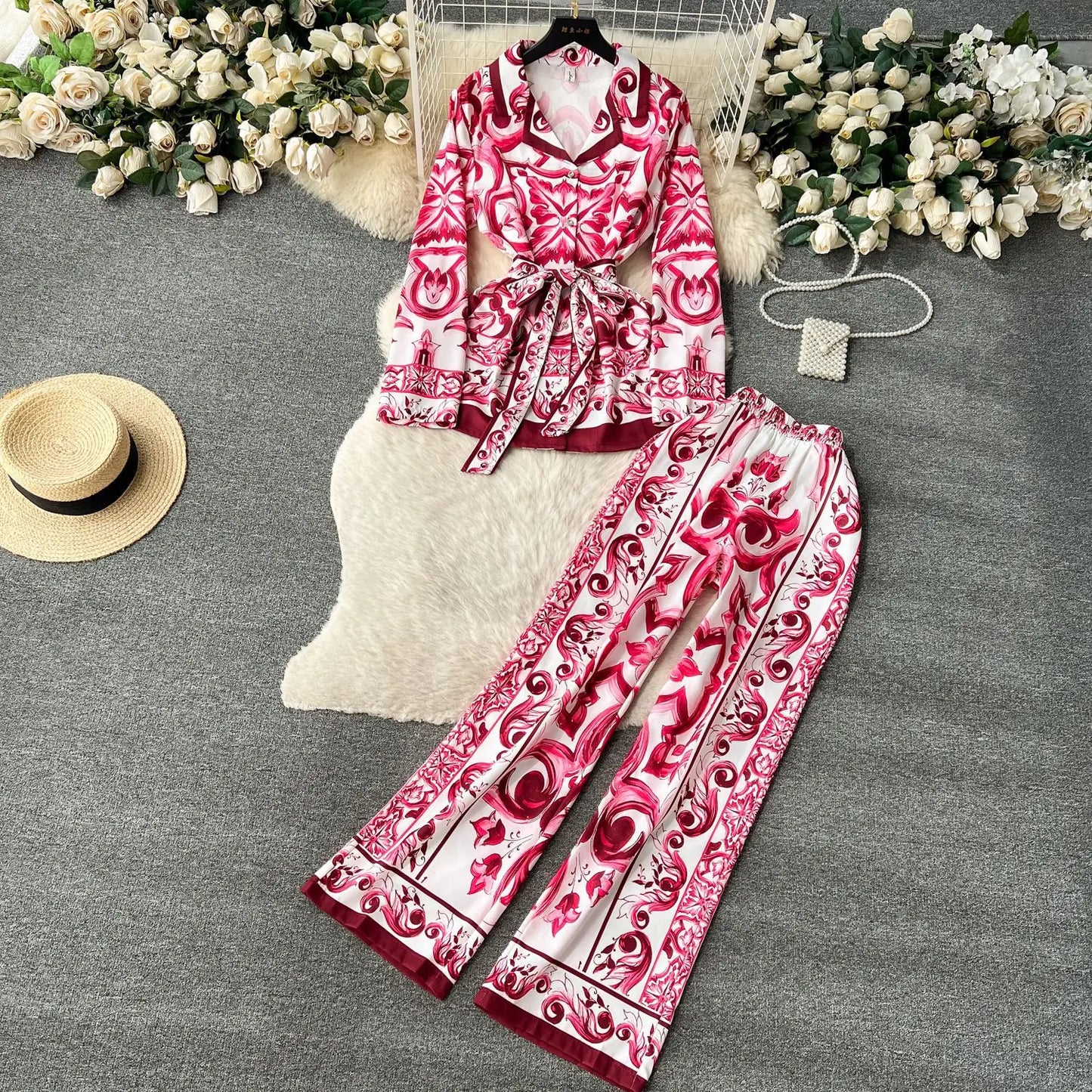 Pant Set Women Two Piece Sets Turn Down Collar Matching Sets Print Casual Loose Tops Wide Leg Long Pants Lace Up High Waist