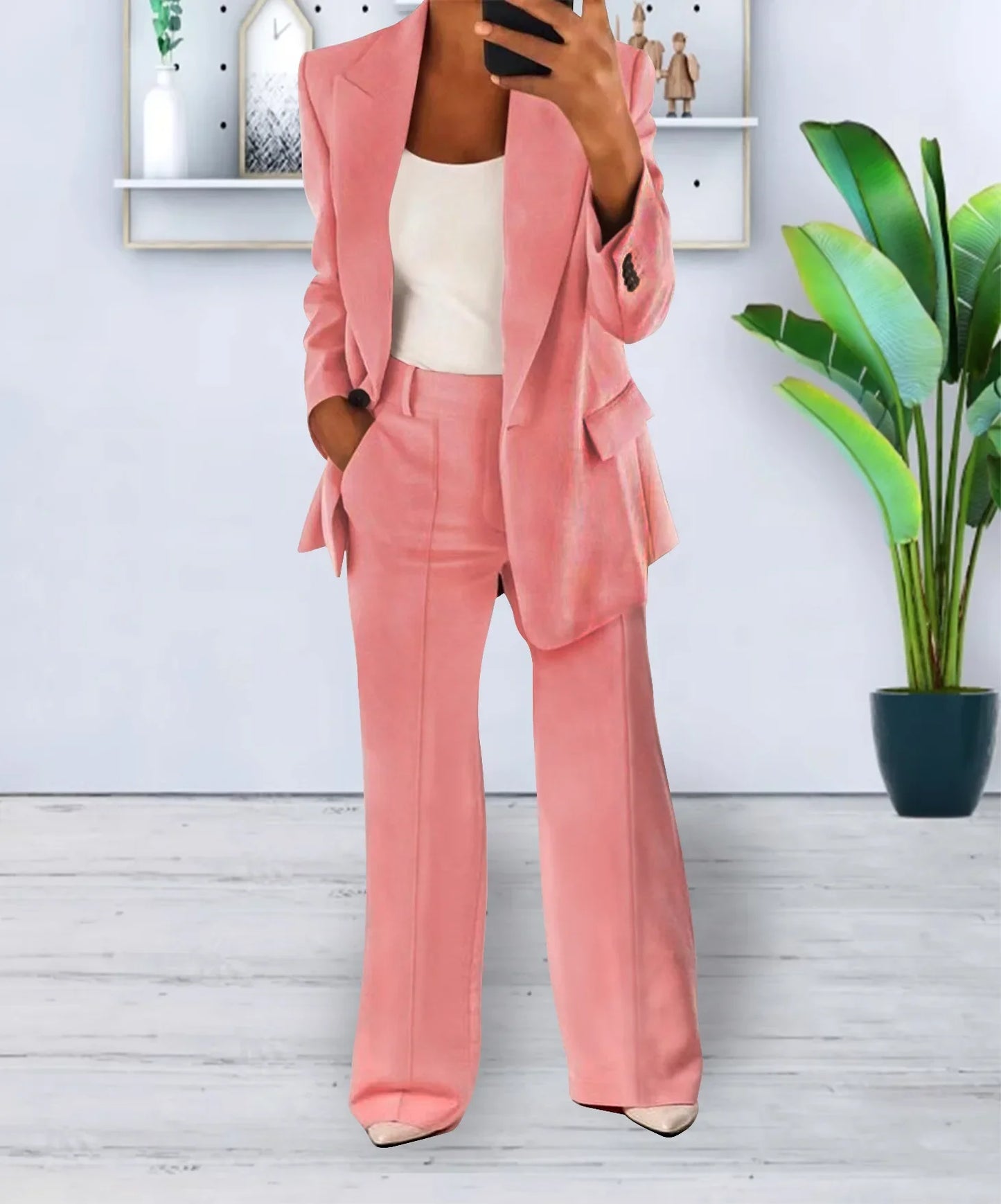 Women Suits 2 Pieces Set Fashion Lapels Single-button Coat Straight Leg Slim Pants Elegant Commuter Casuals Outfit Available 5XL
