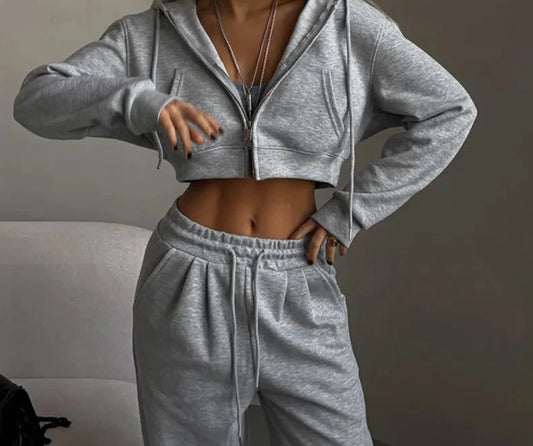 Casual Sport Tracksuit Women Hooded Two Pieces Set Sweatshirts Zipper Solid High Waist Pockets Pants Suit Outwear Autumn