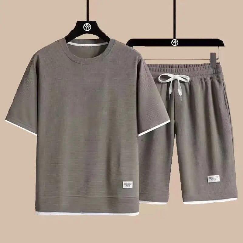 2026 New Summer Men's Fashion Fashion Fashion Brand Casual Sports Set Round Neck Loose Short sleeved Shorts Waffle Two Piece Set