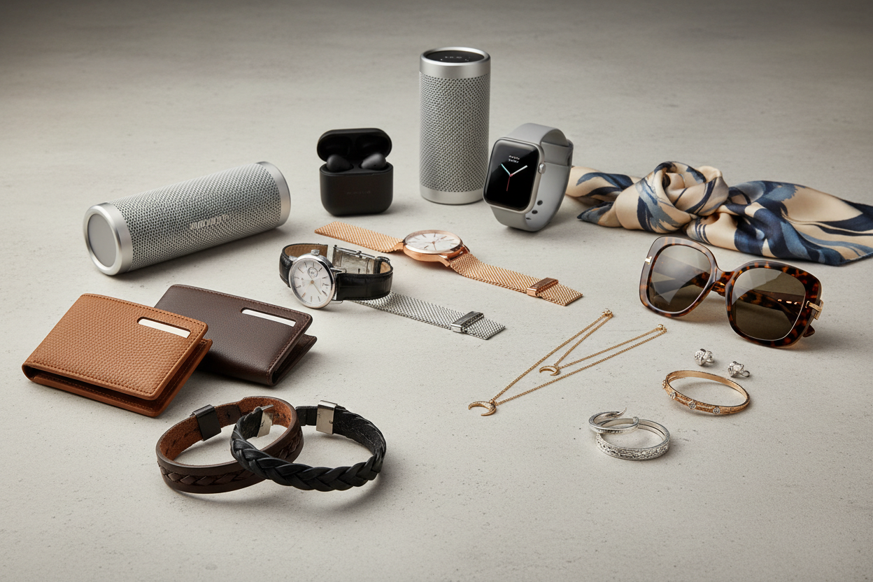 generate iamge with men's braclets ,wallets , watches , women jewellery accessories and home electronic gadgets